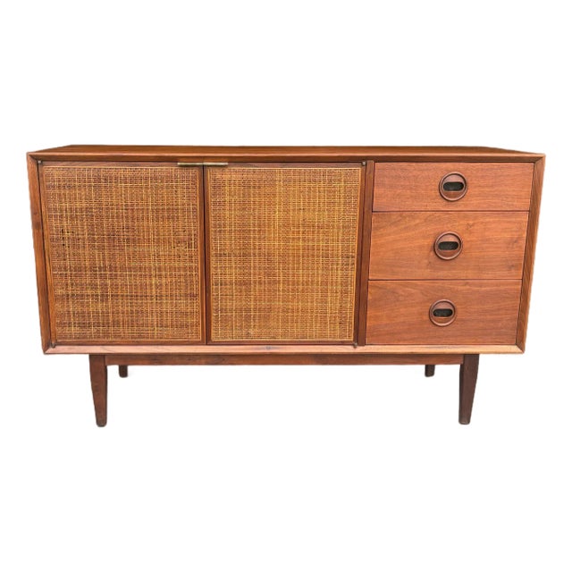 Vintage Walnut and Cane Credenza by Jack Cartwright for Founders, 1960s, Attributed For Sale