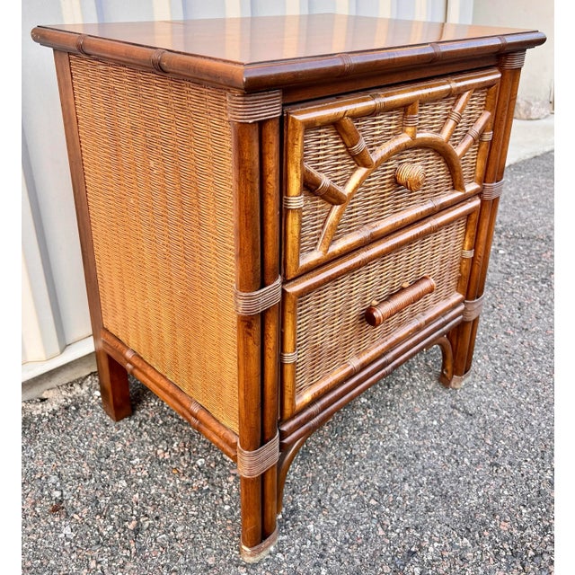1960s Henry Link Woven Wicker Rattan and Faux Bamboo Sunburst 2 Drawer Bedside Table For Sale - Image 5 of 9