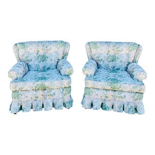 Late 20th Century Vintage Floral Pastel Wingback Club Chairs - a Pair For Sale