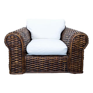 Ralph Lauren Woven Rattan Lounge Chair With White Cushions For Sale