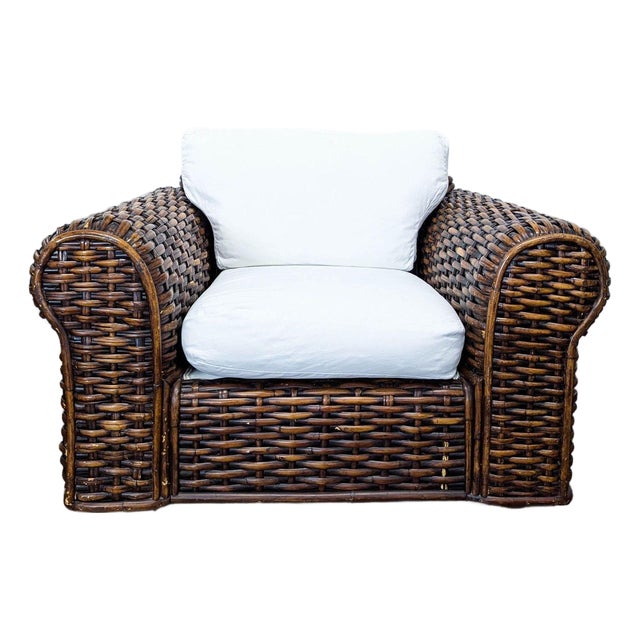 Ralph Lauren Woven Rattan Lounge Chair With White Cushions For Sale