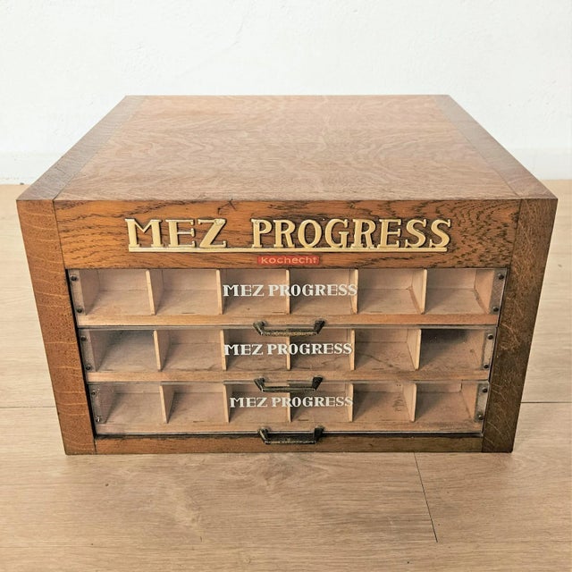 Brown Antique Advertising Yarn Cabinet from MEZ Progress, 1950s For Sale - Image 8 of 9