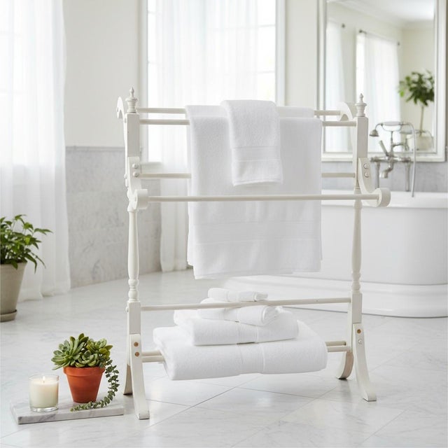 Farmhouse Vintage White Wood Quilt Rack Stand-Farmhouse-Towel-Blanket Holder-Linen-Throw For Sale - Image 3 of 11