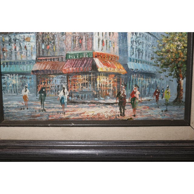 1980s Quality Vintage Original Oil on Board Figural Cityscape Expressionism Painting For Sale - Image 5 of 10