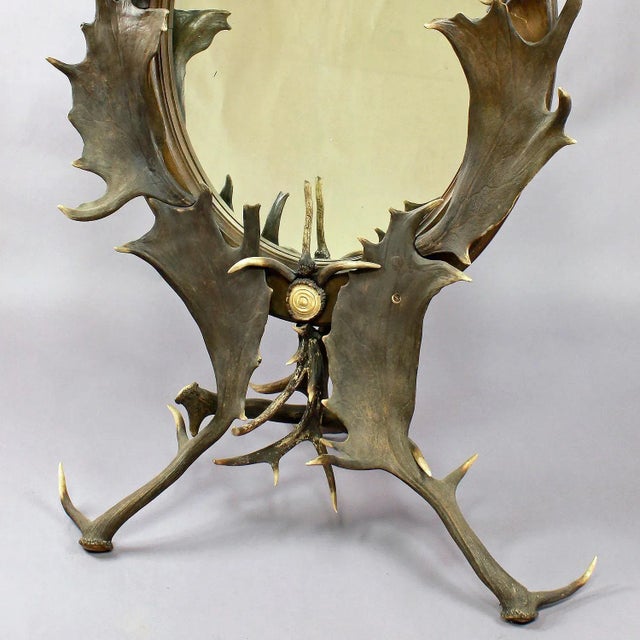 Large Antique Antler Standing Mirror, Germany Ca. 1890 For Sale - Image 6 of 8