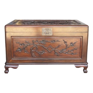 Dark Cherry Rosewood Flower and Bird Chinese Cedar Chest For Sale