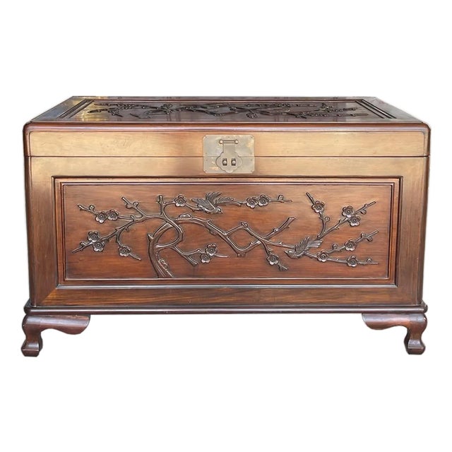 Dark Cherry Rosewood Flower and Bird Chinese Cedar Chest For Sale