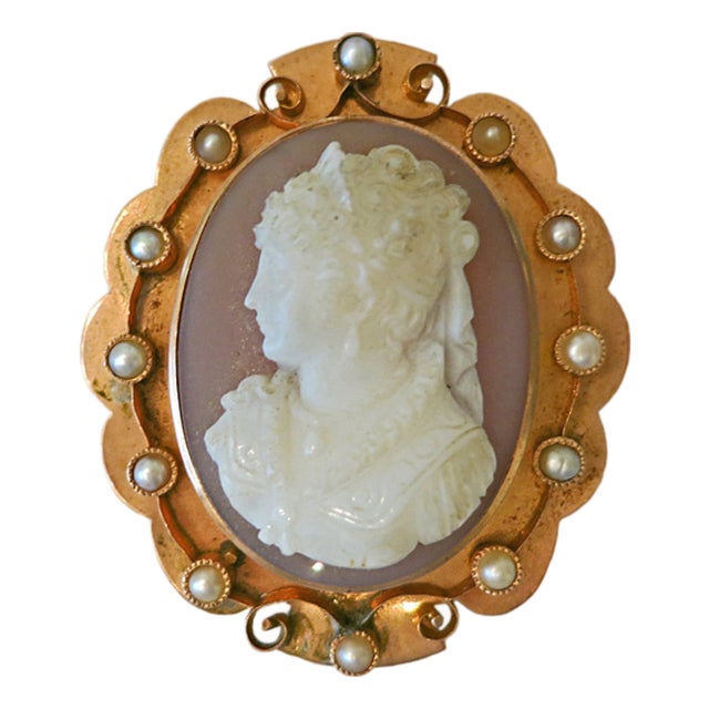 Late 19th Century Victorian Rose Gold Carved Carnelian Cameo Pin / Pendant With Pearls For Sale