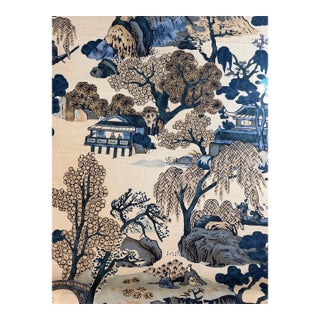 Thibaut F975461 Asian Scenic Blue and Beige Fabric 4 Yards For Sale