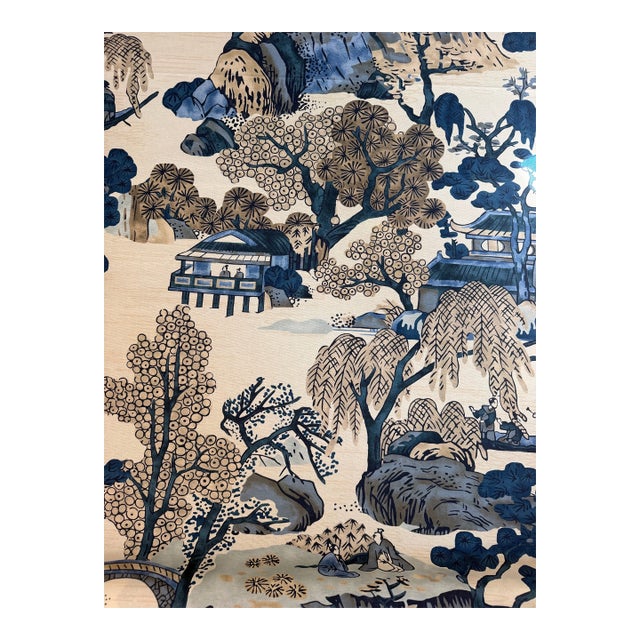 Thibaut F975461 Asian Scenic Blue and Beige Fabric 4 Yards For Sale