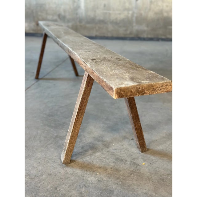 Early 20th Century Primitive Oak Plank Wood Bench For Sale - Image 5 of 6