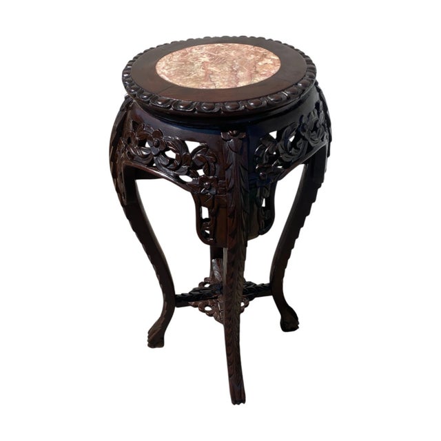 Mid-Century Chinese Carved Rosewood Marble Top Plant Stand Table/ Pedestal For Sale - Image 4 of 11