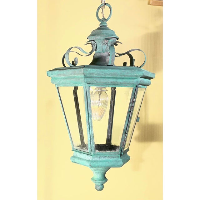 Vintage Solid Brass Hanging Lantern / Pendent / Verdigris Patina For Sale - Image 13 of 17