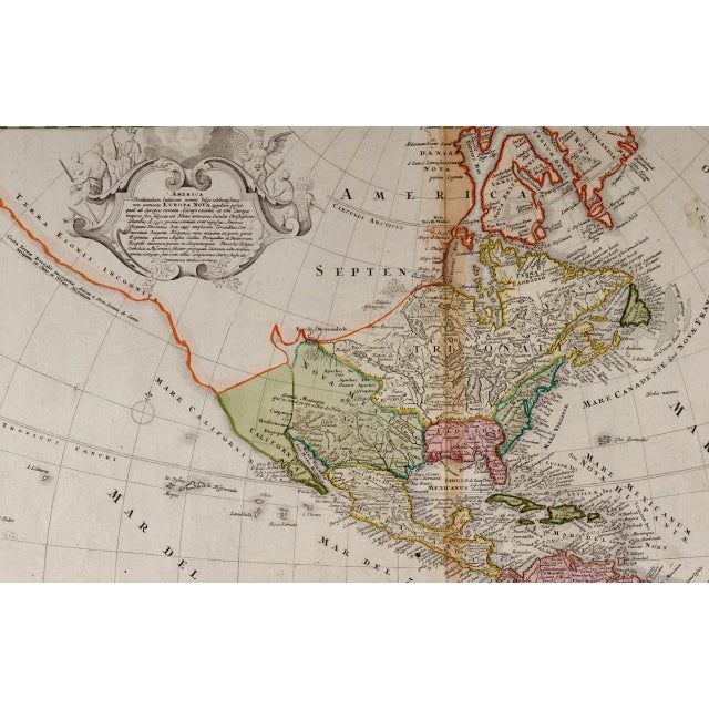This early 18th century hand-colored copperplate map of North and South America entitled "Totius Americae Septentrionalis...