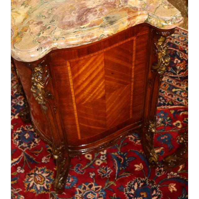 Pair of French Louis XV Style Marble Top Kingwood Inlaid End Table Nightstands For Sale - Image 16 of 18