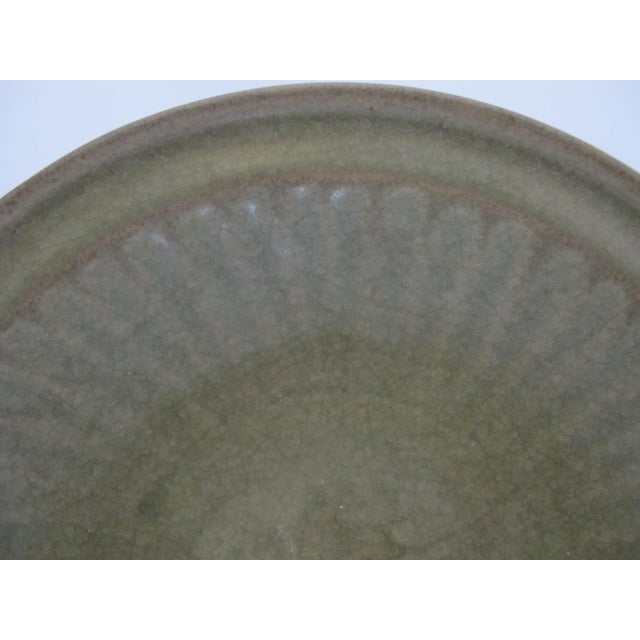 19th Century Chinese Longquan Ming Style Celadon Olive Green Fluted Shallow Bowl Dish For Sale - Image 5 of 9