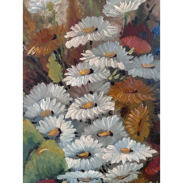 Forest Green Vintage Original Floral Oil Painting With Wildflowers in Blue Vase For Sale - Image 8 of 14