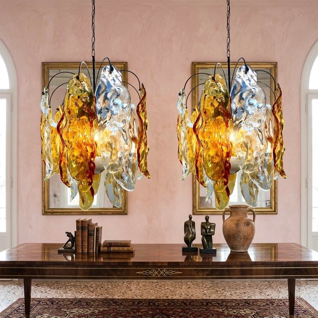 1960s Pair of Amber Murano Glass Leaf Chandeliers in the Style of