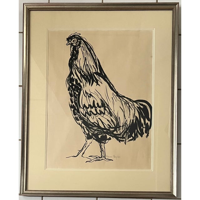 Mid-Century Modern Mary Jane Bigler (American 1909 - 1995) Sumi Ink Drawing of a Rooster or Cockerel 1964 For Sale - Image 3 of 4