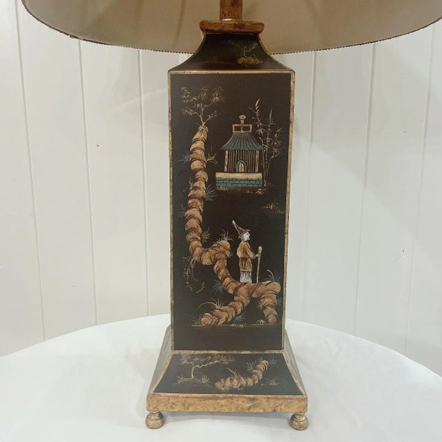Late 20th Century Late 20th Century Chinoiserie Black With 4 Different Asian Scenes Tole Table Lamp For Sale - Image 5 of 9
