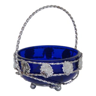 Cobalt Blue Chrome Base Glass Dish With Handle Jam Jelly Condiment Server For Sale