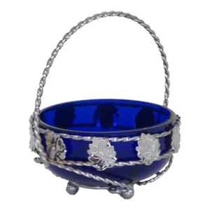 Cobalt Blue Chrome Base Glass Dish With Handle Jam Jelly Condiment Server
