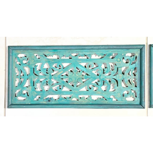 Metal Pair of Antique Solid Brass Openwork Wall Hangings / Architectural Grilles For Sale - Image 7 of 17
