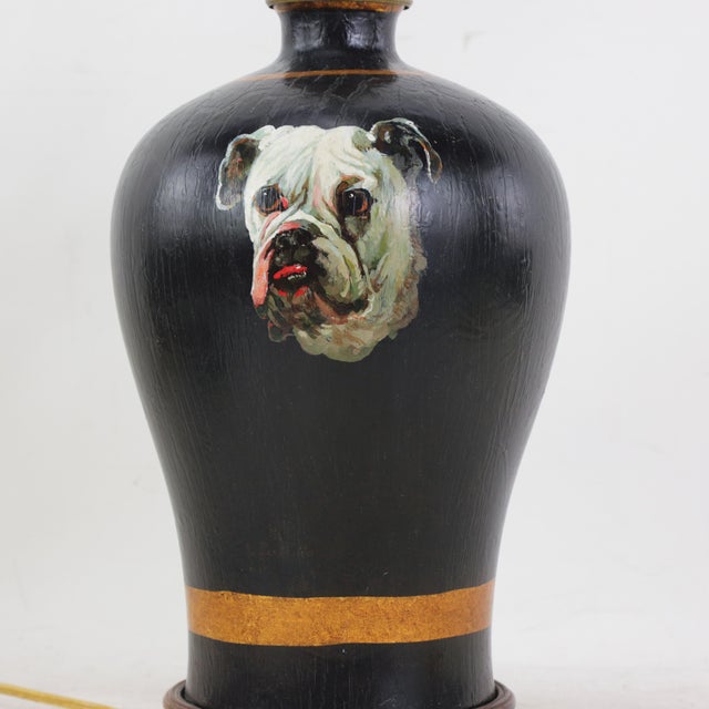 Traditional Vintage Black Tole Table Lamp With Hand Painted English Bulldog Portrait and Gold Leaf Accents For Sale - Image 3 of 10