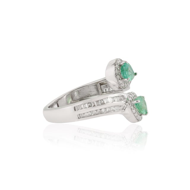Metal Contemporary Emerald Diamond Cluster Bypass Ring in 14k Gold Size 6 For Sale - Image 7 of 17