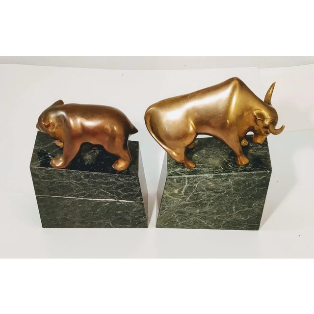 Art Deco Mid Century Brass Marble Bulls and Bears Stock Market Bookends For Sale - Image 3 of 10