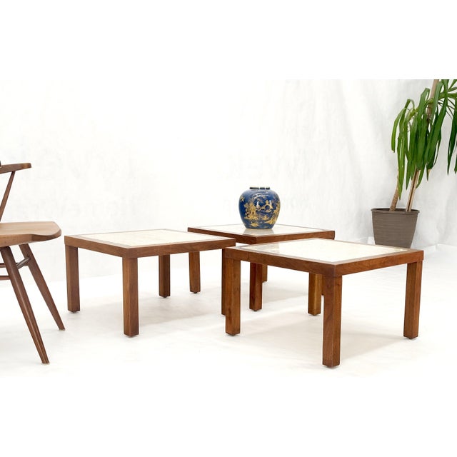 Wood Set of Mid Century Solid Walnut Bases Travertine Tops End Side Occasional Tables For Sale - Image 7 of 11