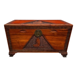 Vintage Hand-Carved Camphor Wood Trunk Chest With Greek Key Motif & Brass Hardware For Sale