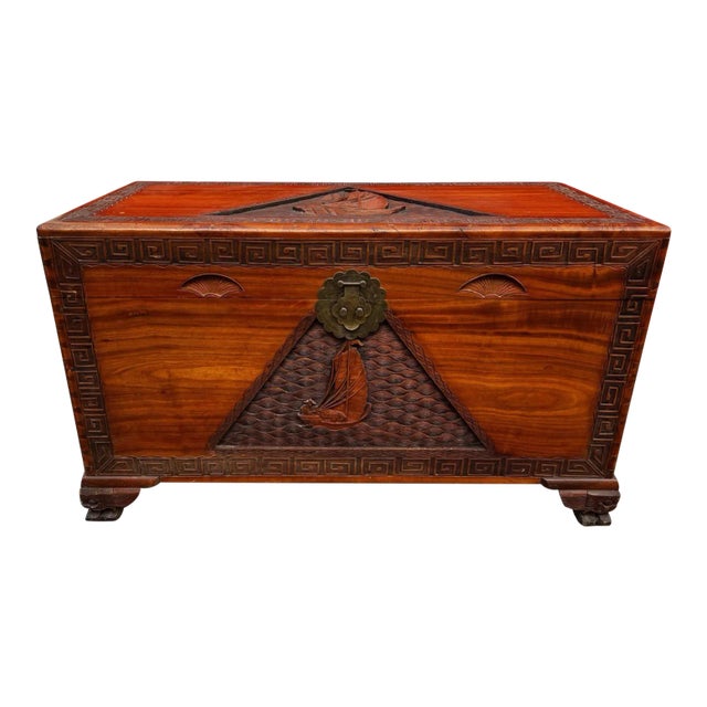 Vintage Hand-Carved Camphor Wood Trunk Chest With Greek Key Motif & Brass Hardware For Sale