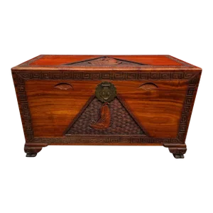 Vintage Hand-Carved Camphor Wood Trunk Chest With Greek Key Motif & Brass Hardware