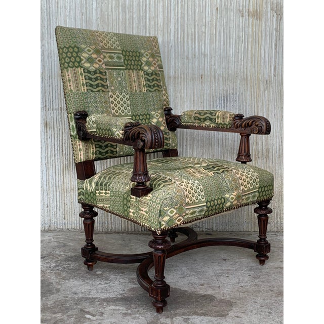Louis XVI Style Spanish Pair of Carved Walnut Armchairs, 1900s For Sale - Image 4 of 18