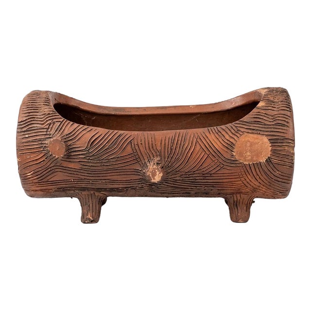 Vintage French Faux Bois Terracotta Log Planter For Sale