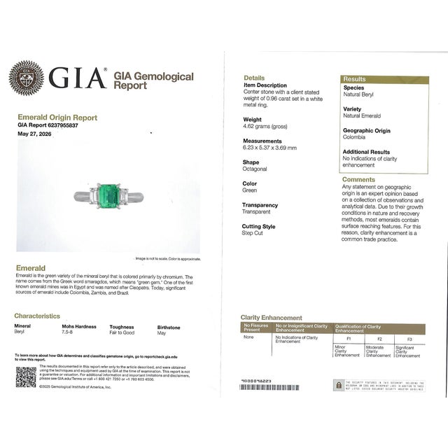 Title: Fine 0.96ct GIA Natural Untreated Colombian Emerald & 0.26ct Diamond Platinum Ring Size 5.75 Age/Markings: Estate,...