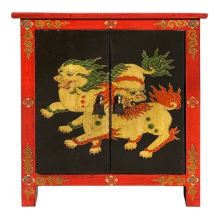 Tibetan Oriental Black Red Foo Dogs End Table Nightstand For Sale
