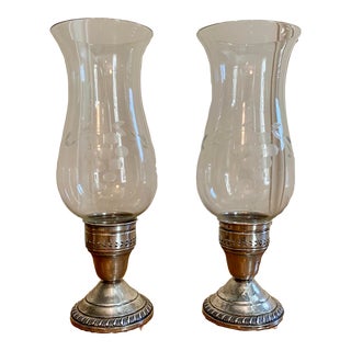 Vintage Sterling Silver Hurricane Lamps With Etched Glass- a Pair For Sale