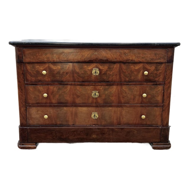 French 19th Century Louis Philippe Flame Mahogany Marble Top Commode For Sale