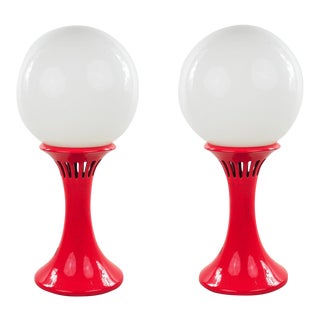 Space Age Red Mushroom Orb Table Lamps - a Pair For Sale