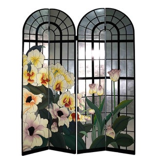 1980s Japanese Arched Window Silver Leaf Tulip Coromandel Screen With 4 Panels For Sale