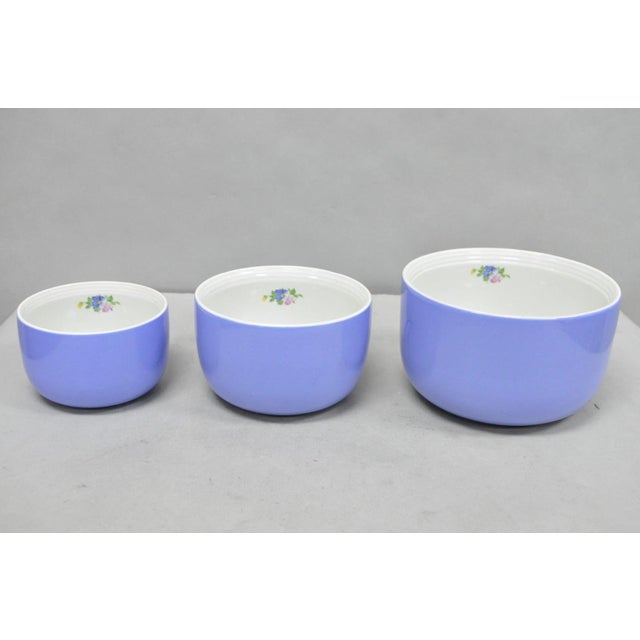 Vintage Hall's "Rose Parade"1259 Blue Ceramic Nesting Graduating Mixing Bowls - Set of 3. Circa Mid 20th Century....