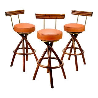 Mid-Century Coastal Rattan Sculptural Tiki Bar Stools by Paul Frankl - Set of 3 For Sale
