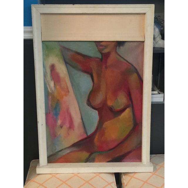 1970s Abstract Nude in Window Sill Frame With Canvas Window Shade Painting For Sale - Image 10 of 11