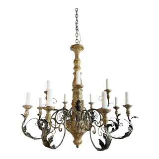 Monumental Italian Rococo Painted Wood & Wrought Iron 12-Light Chandelier For Sale
