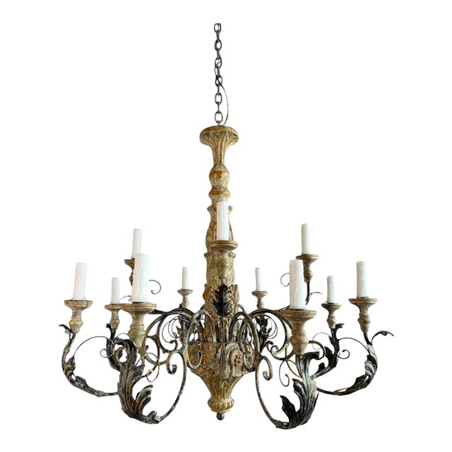 Monumental Italian Rococo Painted Wood & Wrought Iron 12-Light Chandelier For Sale