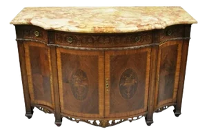 French Renaissance Louis XV Marble Top Marquetry Inlay Sideboard Buffet Commode