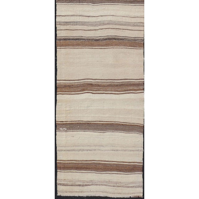 Traditional Vintage Narrow Turkish Kilim Runner With Beige and Soft Brown Stripes For Sale - Image 3 of 13