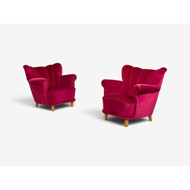 Mid-Century Modern Swedish Cabinetmaker, Lounge Chairs, Red Velvet, Lacquered Wood, Sweden, 1940s For Sale - Image 3 of 13